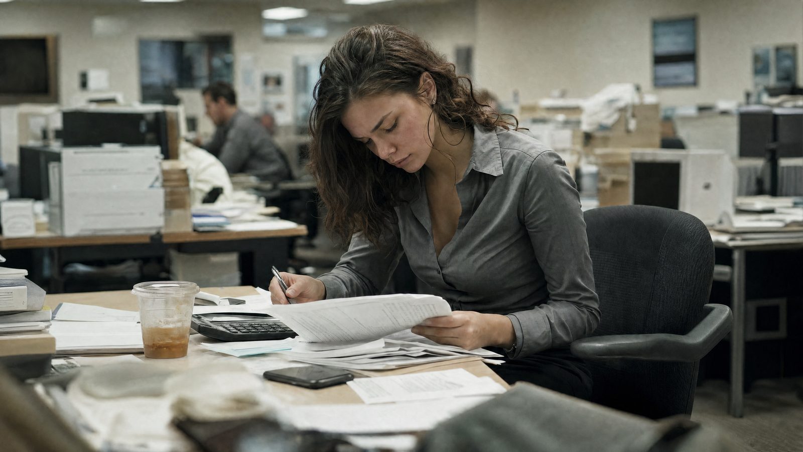 Tired woman going through paperwork at an office desk