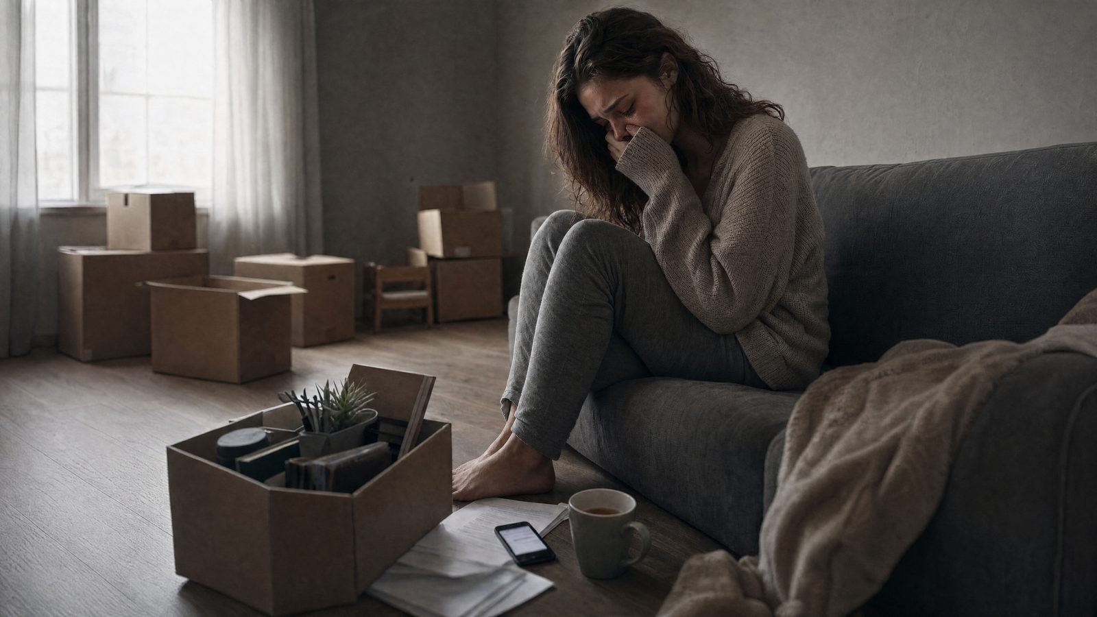 Woman crying on the couch after being laid off