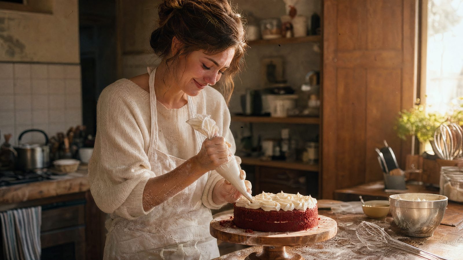 Woman decorating a Red Velvet cake in her kitchen
